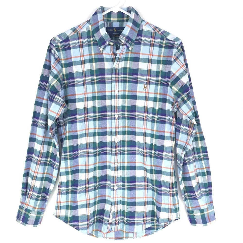 Ralph Lauren Men S Slim Fit Stretch Oxford Green Plaid Shirt Button Flesh Pony‎